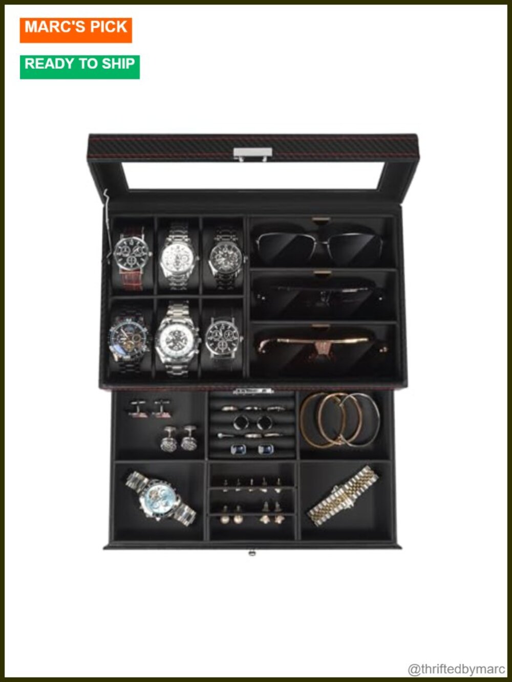 6 Slot Watch Box Jewelry Organizer with Drawer, Large Window, Faux Leather,
